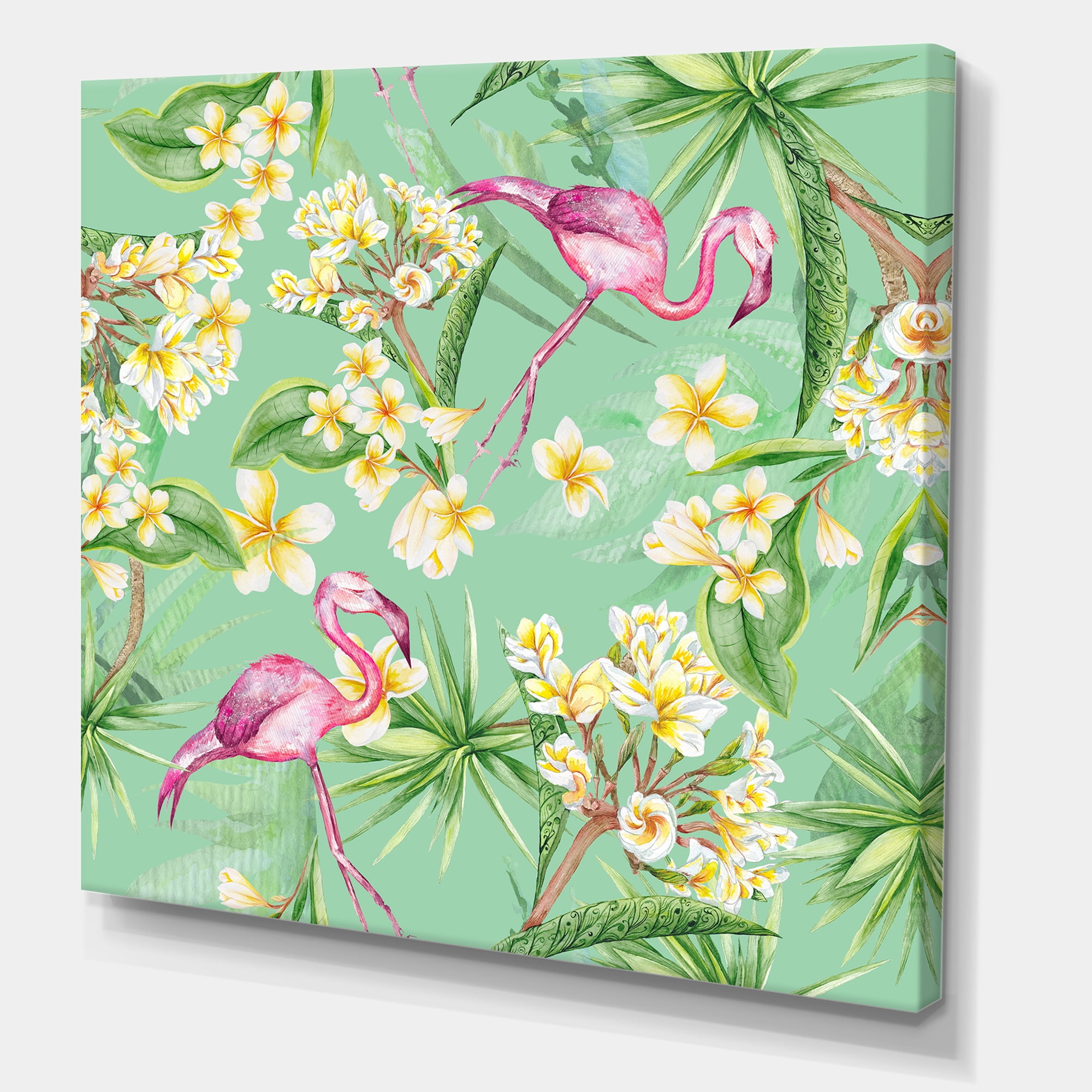 Designart ' Yellow Flowers, Tropical Foliage With Flamingo V ' Traditional Canvas Wall Art Print
