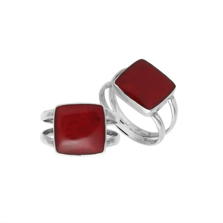 - AR-6222-CR-7'' Sterling Silver Square Shape Ring With Coral