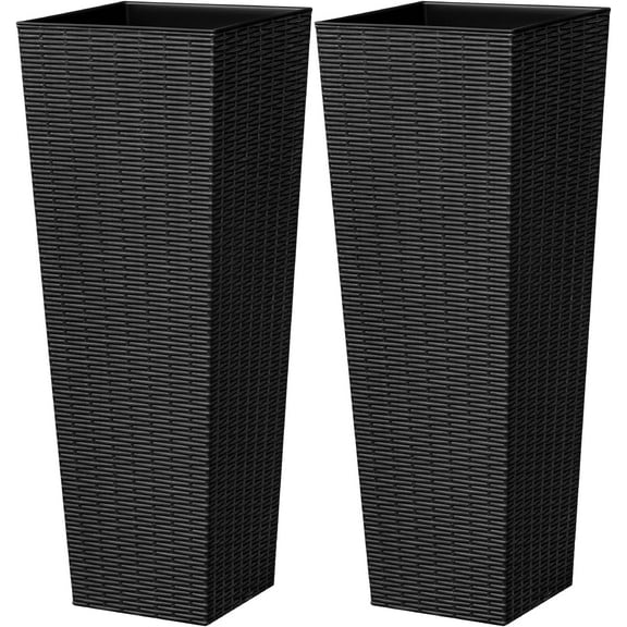 Osmanthus 32 Inch Tall Plastic Planters with Rattan Texture – Set of 2, Detachable Inner Pot & Drainage Holes, Indoor/Outdoor Decorative Flower Pots for Large Plants, Trees, Patio, and Garden, Black