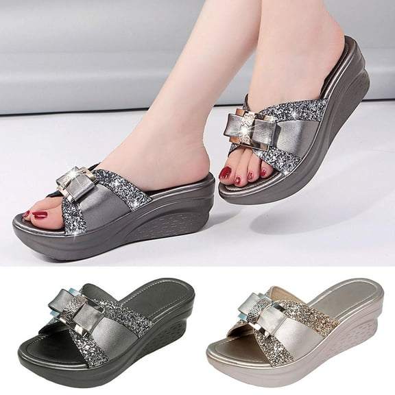 Jacenvly 2024 New Summer Women Slope Heel Shoes Beach Sandals Roman Casual Slippers Gold Sandals for Women