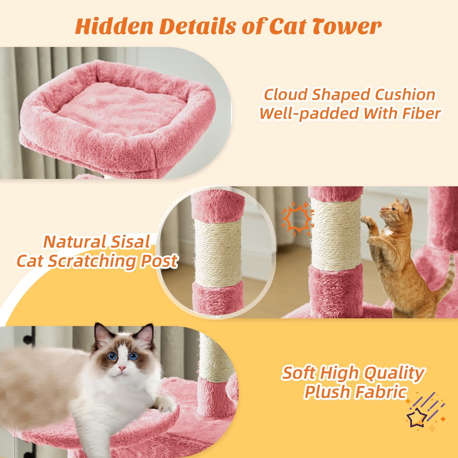 Kelno 44" Cat Tree Tower Durable Cat Climbing Tower with Sisal Scratching Posts Cozy Condo Hammock and Platforms, Pink