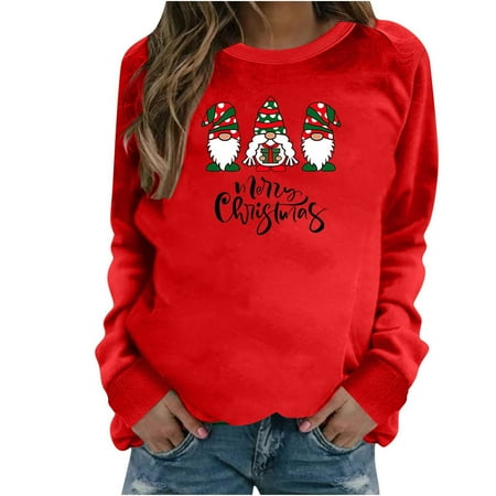

jsaierl Womens Crewneck Sweatshirts Long Sleeve Shirts Christmas Gnomes Pattern Tops Plus Size Casual Blouse Tee Xmas Pullover