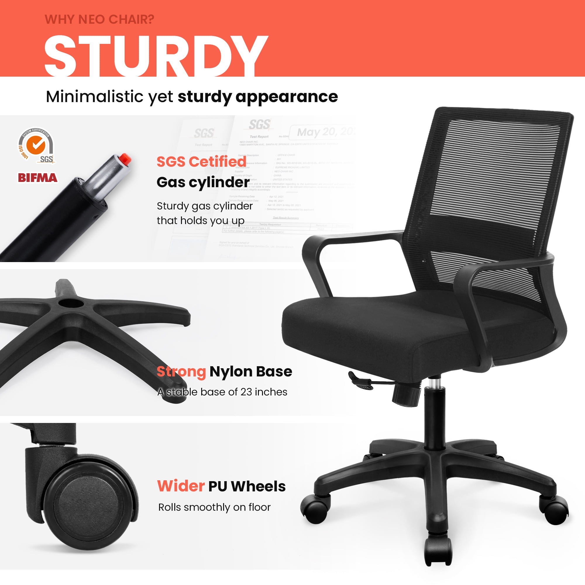 NEO CHAIR Office Chair, Ergonomic Lumbar Support, Adjustable Desk Chair with Armrests, Black
