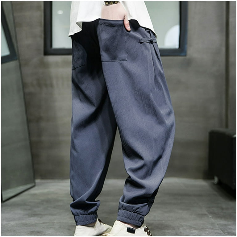Odeerbi Trousers Full Length Pants for Men 2024 Casual Trendy Loose Lace-up  Drawstring Mid Waist Cotton And LinenTrousers Navy 