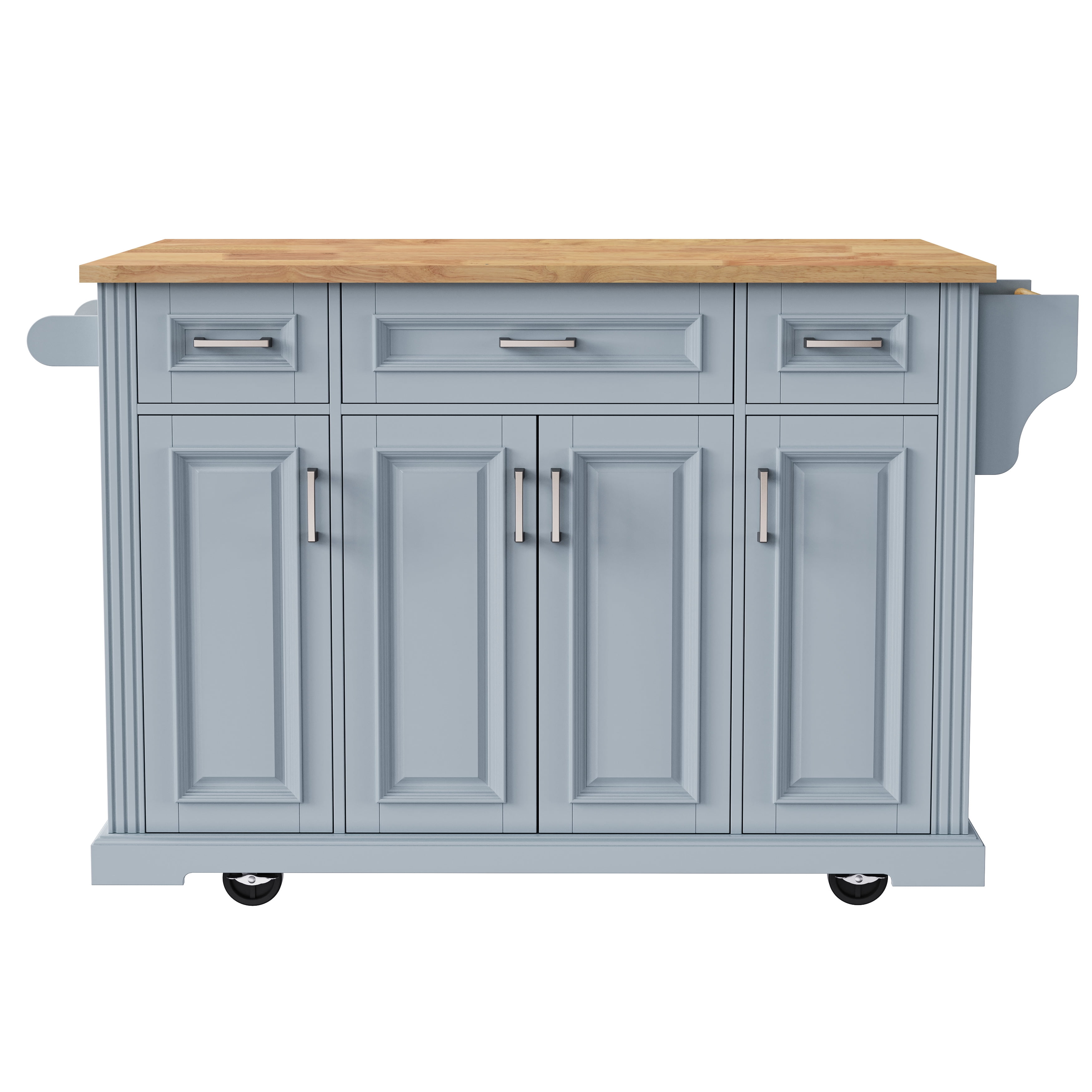 Homy Casa Rolling Kitchen Island Cart with Storage, 3 Drawers, 4 Doors & Side Rack, Gray/Natural for Kitchen and Dining Room