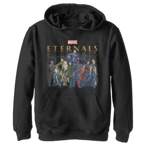 Boy's Marvel Eternals Group Repeating Pull Over Hoodie Black Medium