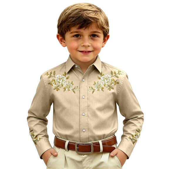 Boys Western Style Print Shirt Top for Kids Casual Plaid Button Front Shirt with Rugged Comfort for Everyday Wear Beige 130