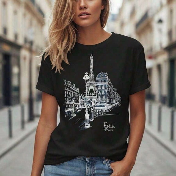 【New Arrival】Paris Eiffel Tower City Sketch Graphic T-Shirt, Cotton Crew Neck Short Sleeve Tee, European Travel Casual Streetwear Novelty Gift For France Travel Lovers