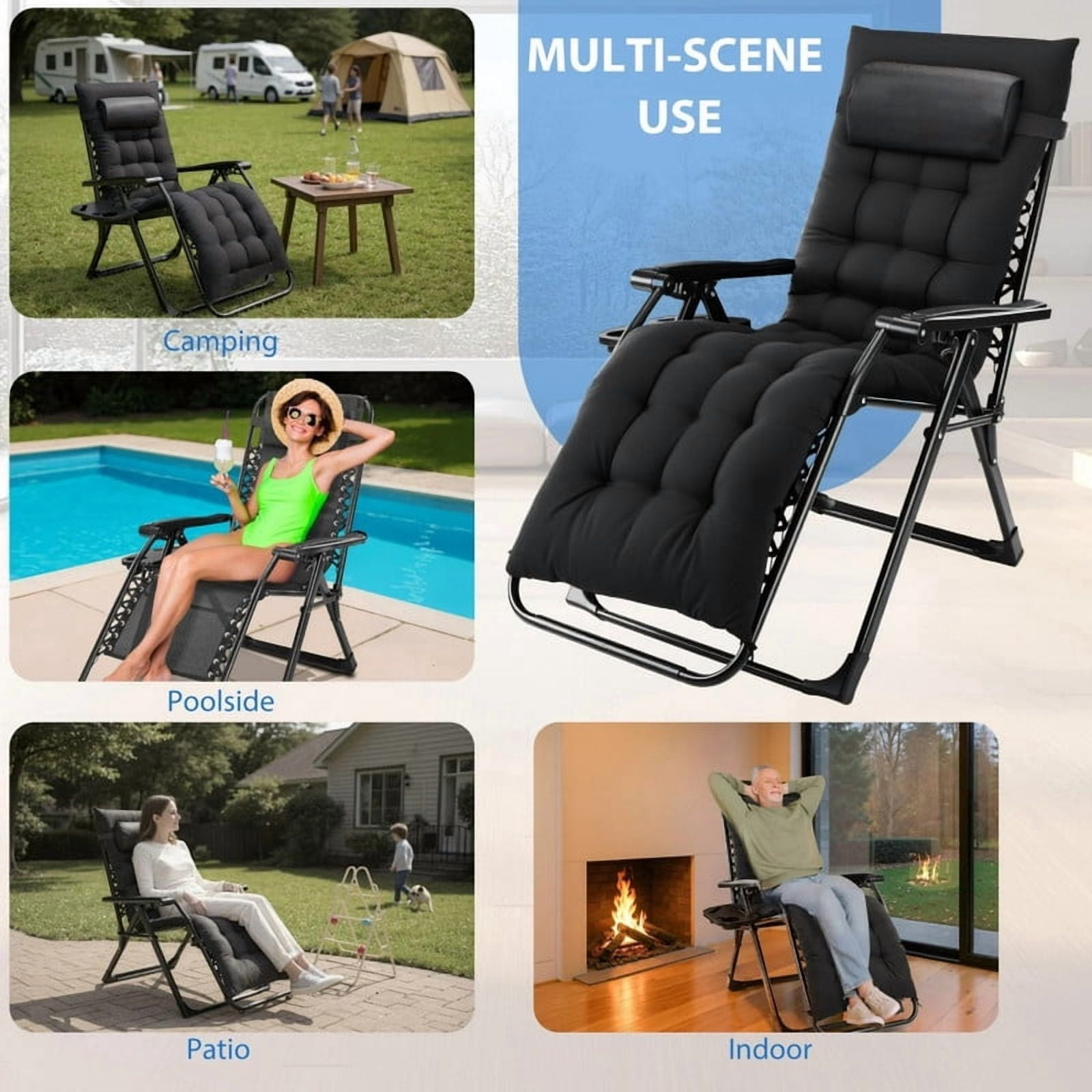 Kelno Padded Recliner Chair Zero Gravity Camping Chair Holder Trays Outdoor Portable Patio Lounge Chair with Removable Cushion Headrest Cup, Black