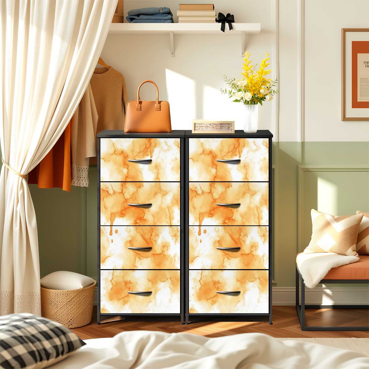 4 Drawer Vertical Storage Dresser Watercolor wash Abstract yellow orange dye spots with Wood Top Fabric Pull Drawers