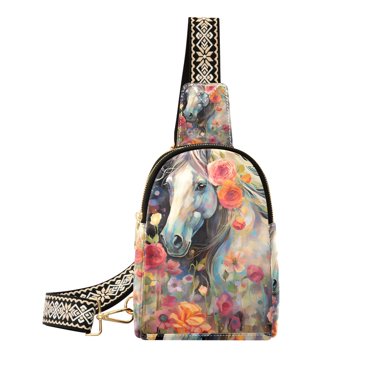 White Horse in Flowers Floral Crossbody Bags Backpack Chest Bag Shoulder Bag Waist Bag for Outdoor Travel Hiking Fitness Cycling