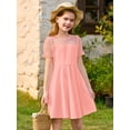 thumbnail image 2 of Vestido Haloumoning para niñas, malla en contraste, manga abullonada, rosa oscuro, 2 of 6