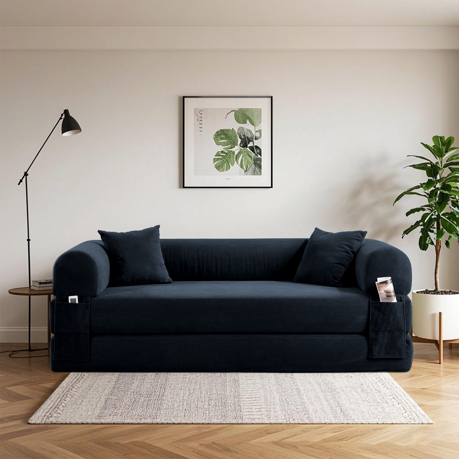 3 in 1 Convertible Sofa Bed, 80" Corduroy Folding Pull Out Couch with 2 Pillows, Floor Sofa with Side Storage for Living Room, No Assembly Modern Boneless Couch Compression Sofa, 35.4"W