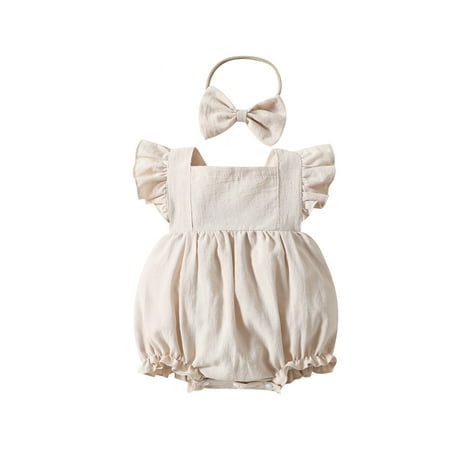 

Infant Baby Girl Clothes Square Neck Fly Sleeve Frill Trim Backless Solid Ruffle Romper Jumpsuit One Piece Headband Set Outfit