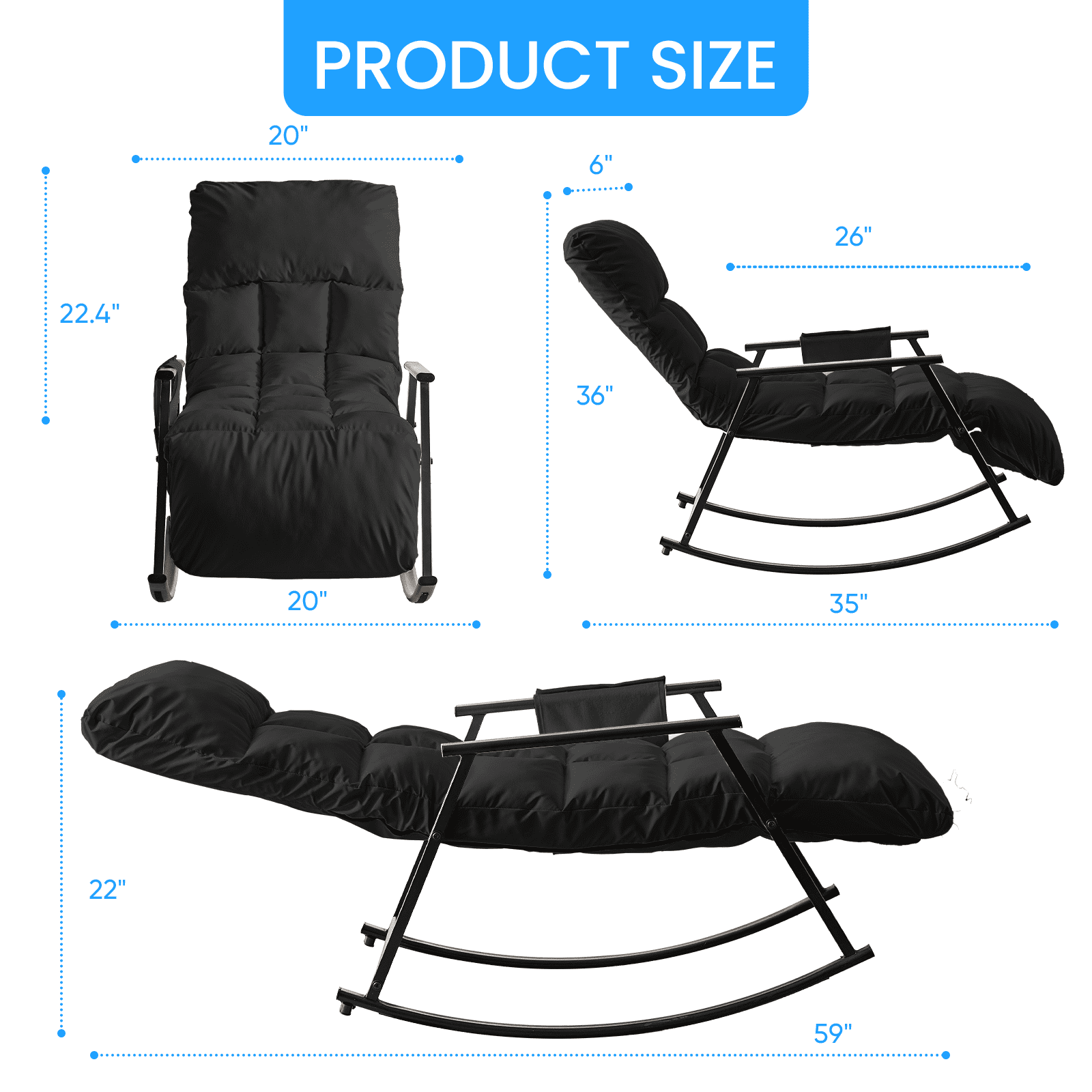 BALUS Rocking Chair, Leather Nursery Recliner with Adjustable Backrest & Footrest, Side Pockets, Modern Living Room Seating Space-Saving Design, Black