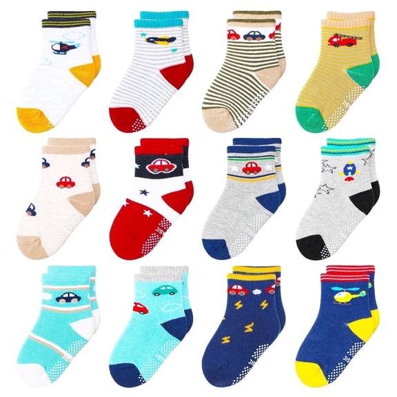 VGMiu Toddler Socks Baby Non Slip Cotton Crew Sock with Grips for 1-7 Years Boys Girls Kids 12 Pack Multi Colors