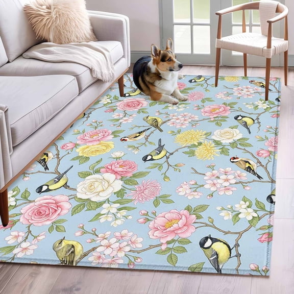 3'x5' Rug for Living Room Bedroom, Blue Spring Floral Washable Area Rugs Non-Slip Carpet Mats, Elegant Farmhouse Flowers Birds Watercolor Indoor Low Pile Area Rug Runner for Kitchen, Mudroom