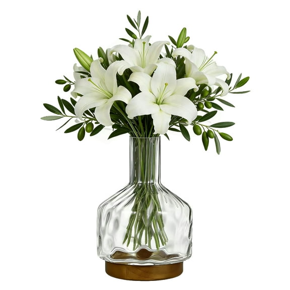 Large Glass Vase for Centerpieces, Rippled Flower Vase with Wooden Base,10 inch Clear Jug Vase for Long Stem Flower or Fake Bouquet,Decorative Bottle Vase for Dining Table Living Room Mantel Party