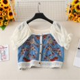 thumbnail image 4 of XISAOK Women Bubble Short Sleeve Button Up Crop Top Crochet Flower Square Neck Shirt, 4 of 21