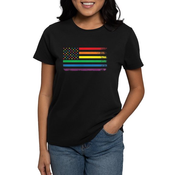 CafePress - Rainbow American Flag T Shirt - Women's Traditional Fit Dark T-Shirt