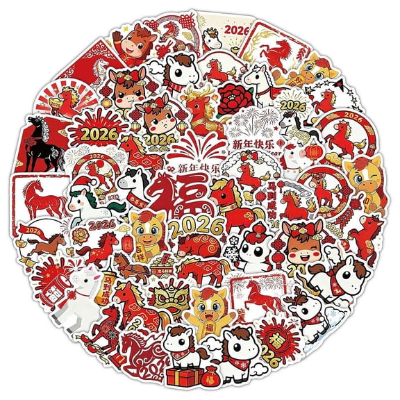 61Pcs Lunar New Year Stickers Year of the Horse Decorative Decals for Water Bottles Laptops and Greeting Cards Festive Holiday Party Supplies