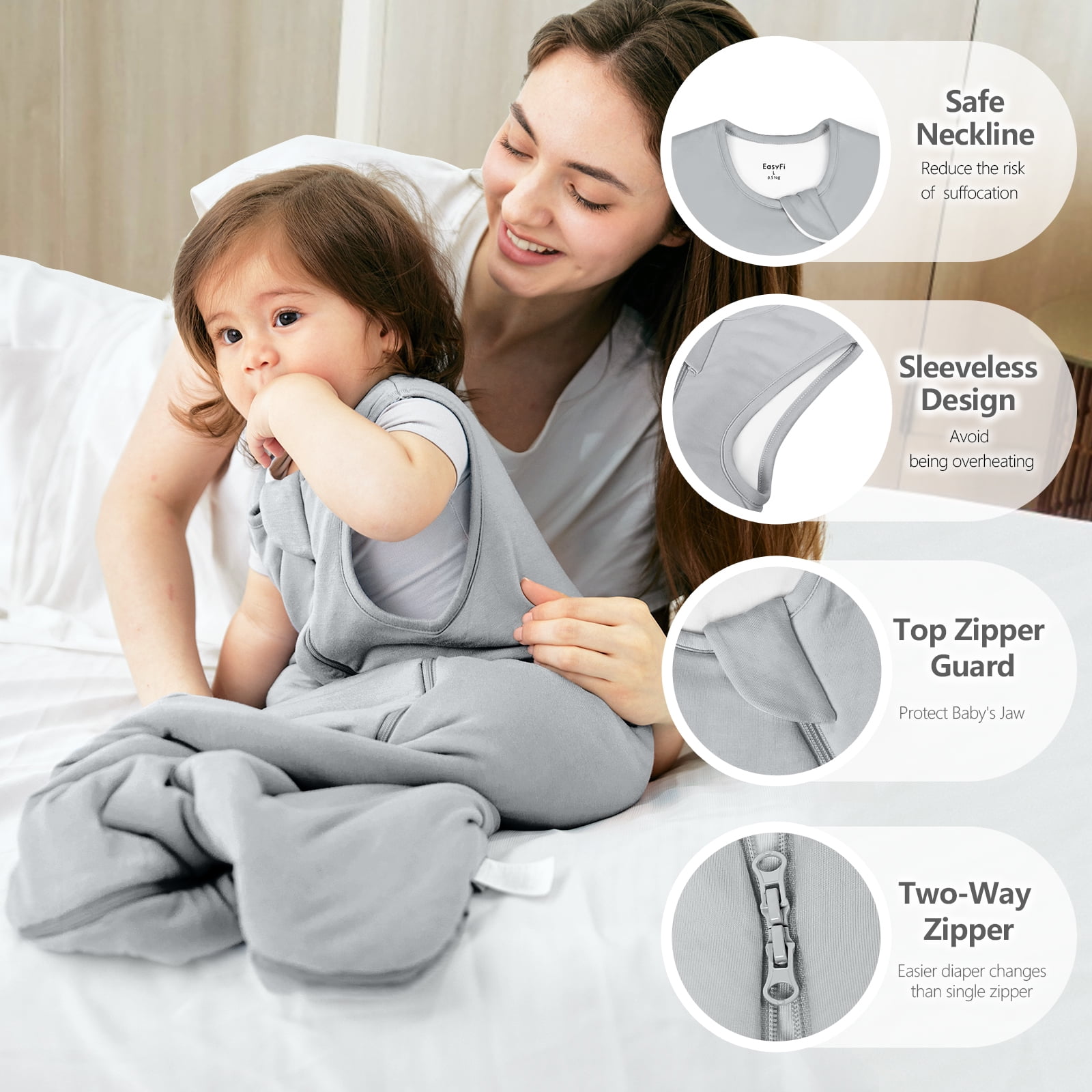 Easyfi 1.0Tog Baby Sleep Sack 12-18M All-Season Supersoft & Breathable Bamboo Sleeping Bags, 2-Way Zip Baby Wearable Blanket