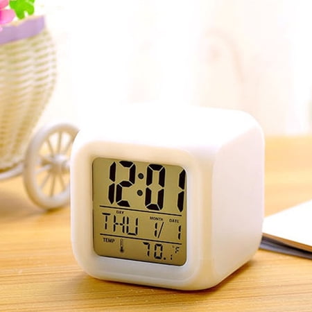 DESIGNICE Led Digital Alarm Clock Cube with 7 Changing Colors, Glowing in Dark Display for Time, Date, Week, and Temperature Digital Desk Clock