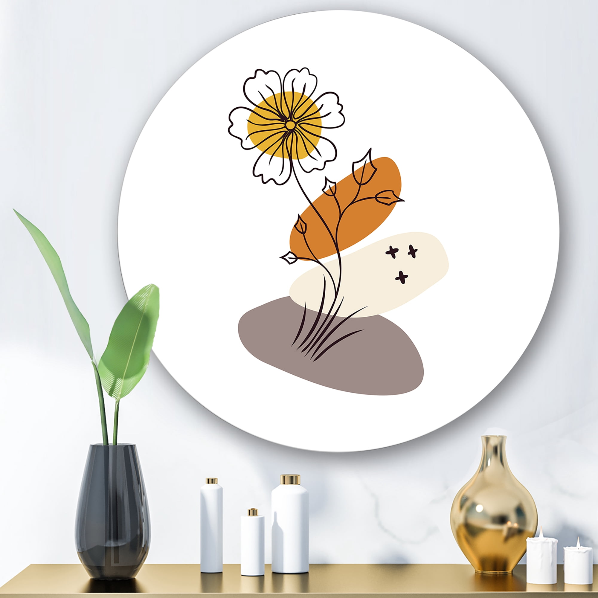 Designart 'Abstract Minimal Shapes Under Flowers I' Modern Circle Metal Wall Art 23x23 - Disc of 23