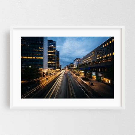 Sveavägen at Twilight - Stockholm Sweden Photography City Nightlife Skyline Architecture Street Photography Travel Poster Modern Art White Framed Wall Art Print 5 x 7 inches