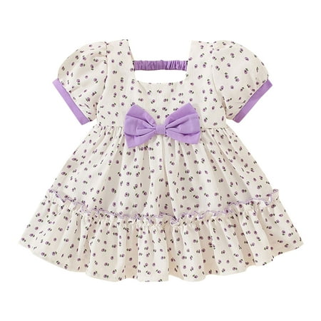 

HIBRO Toddler Girls Short Sleeve Bowknot Floral Prints Ruffles Princess Dress Dance Party Dresses Clothes Smocked Dresses for Toddler Girls Girls Twirling Dresses