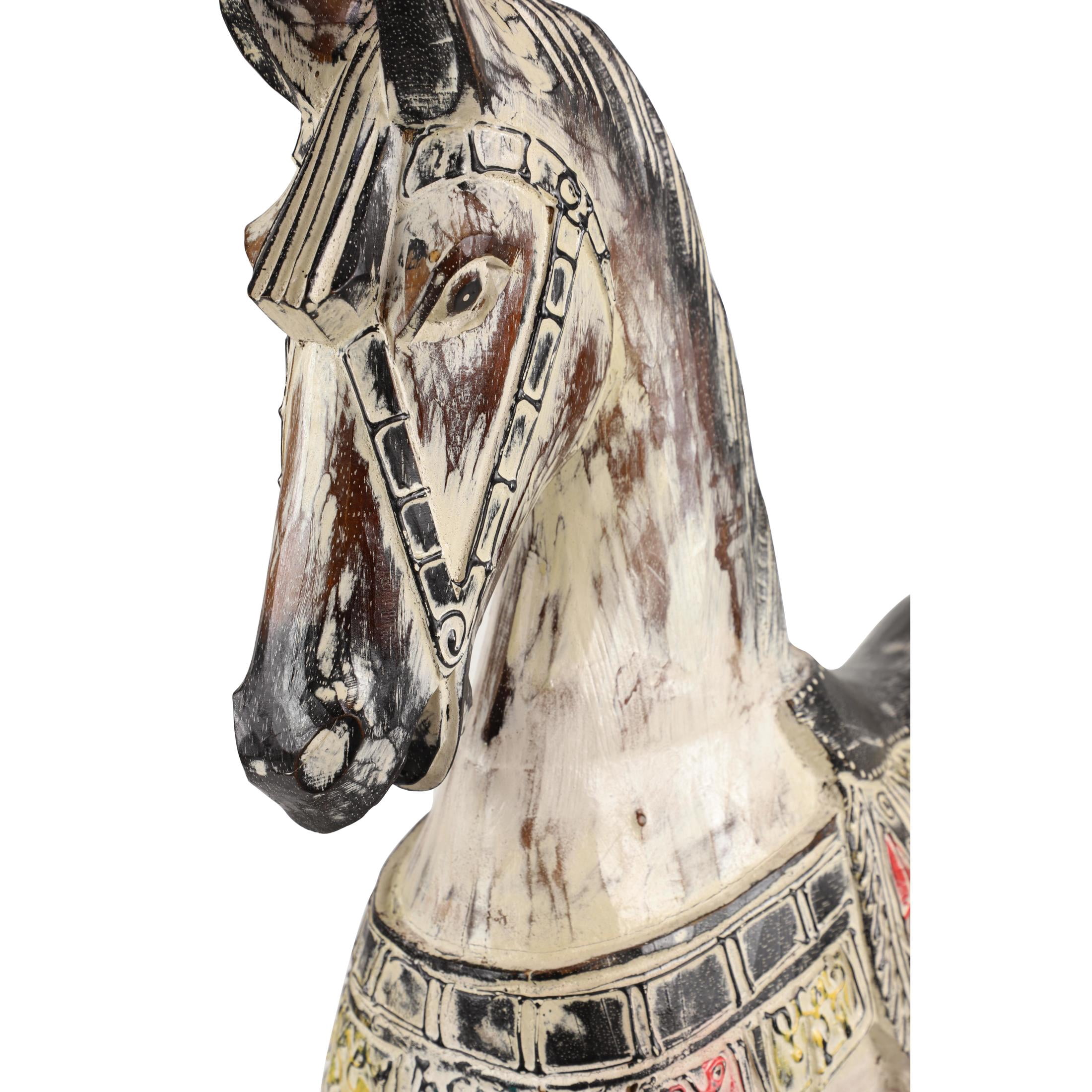 DecMode Beige Wood Horse Rocking Decorative Sculpture with Brown Distressing and Colorful Accents, 42" x 11" x 38"