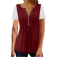 thumbnail image 1 of Plebaso Hauts d'Été pour Femmes Patchwork Dentelle Manches Courtes Tunique Décontractée Boutonnée Col en V Blouses Habillées, 1 of 6