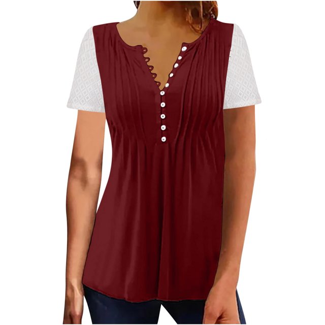 Plebaso Hauts d'Été pour Femmes Patchwork Dentelle Manches Courtes Tunique Décontractée Boutonnée Col en V Blouses Habillées