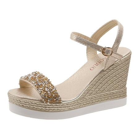 

LIANGP Women s Sandals Ladies Summer Fashion Breathable Sequin Elegant Wedge Heel Large Size Sandals Women s Shoes Gold Size 6.5