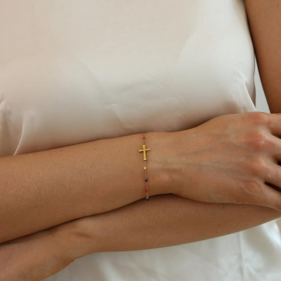 Kyazeo Dainty Beaded Cross Bracelet for Women 18K Gold Plated Christian Crucifix Rosary Cross Bracelets Minimalist Faith Jewelry Christmas Gifts