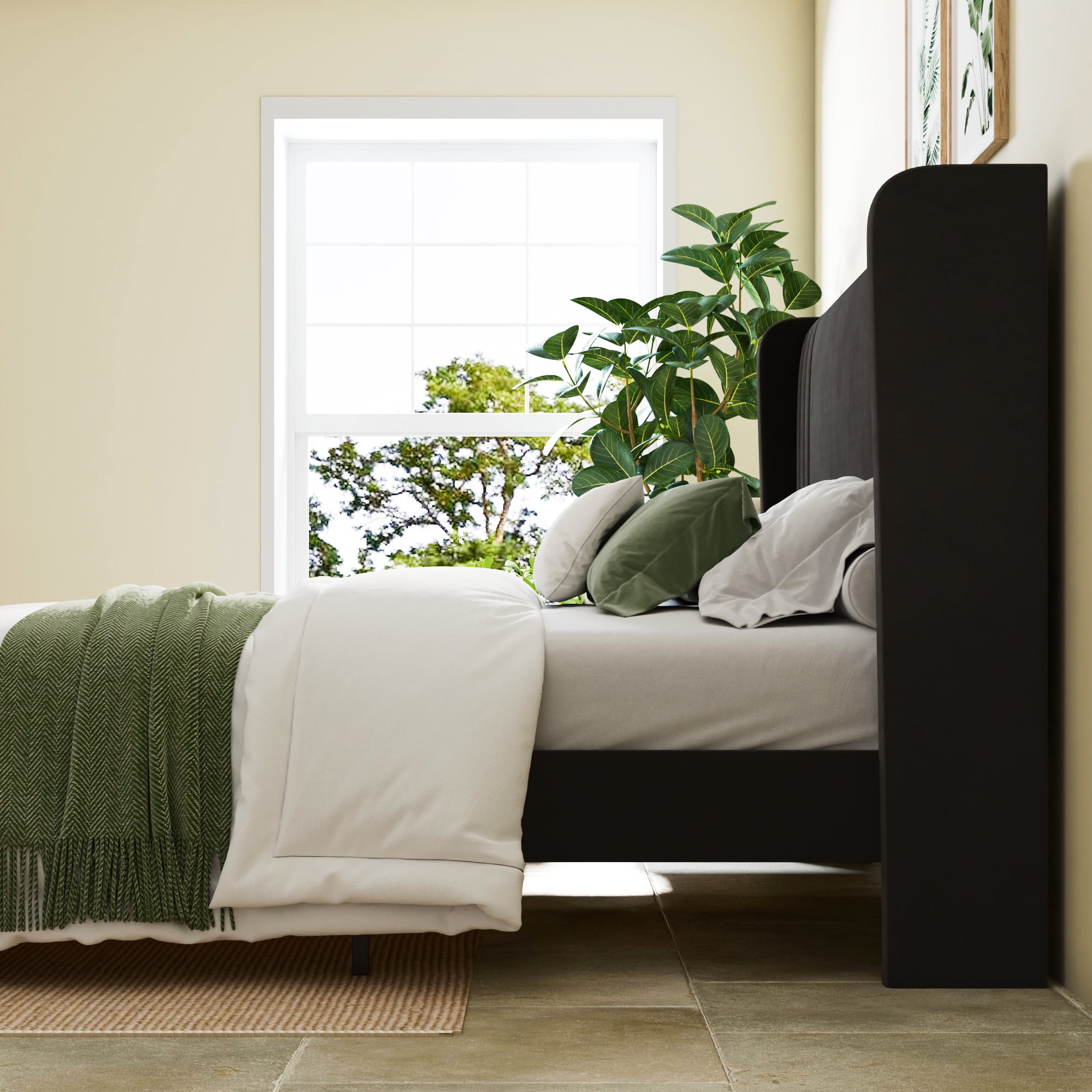 Allewie Full Size Velvet Platform Bed Frame with Vertical Tufted Wingback Headboard, Easy Assembly, Under Bed Storage, No Box Spring Required, Modern Style, Black