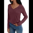 thumbnail image 3 of Camisetas con Cuello en V para Mujer, Blusas de Encaje de Larga, Holgadas, Elegantes e Informales, para Otoño e Invierno, A . Vino Tinto L, 3 of 8