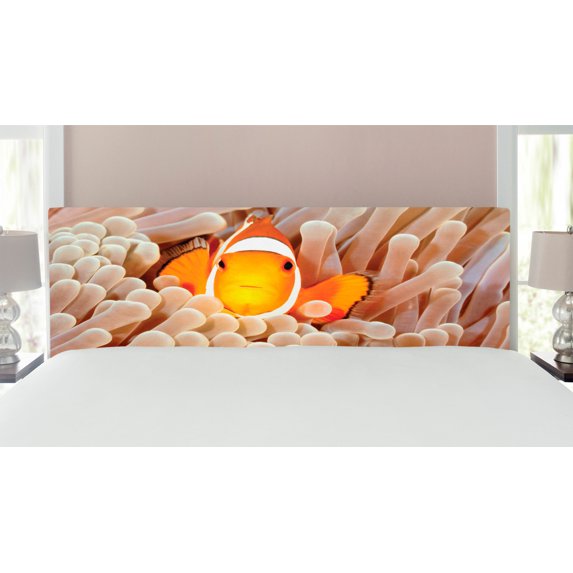 Ocean Headboard, Clown Fish Swimming in Tentacles in Pacific Ocean Bali Indonesia Marine Wildlife, Upholstered Decorative Metal Bed Headboard with Memory Foam, King Size, Beige Orange, by Ambesonne