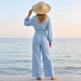 thumbnail image 5 of Women 2 Piece Set, Boho Wrap V‑Neck Long Sleeve Top Pleated Wide Leg Pant Matching Outfit for Travel, 5 of 6