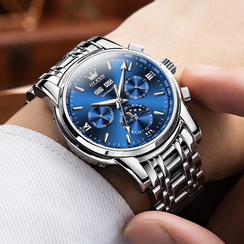 OLEVS Automatic Watches for Mens Self Winding Mechanical Multifunction Chronograph Luxury Business Dress Moon Phase Stainless Steel Waterproof Luminous Calendar Mens Wrist Watches Reloj Para Hombre
