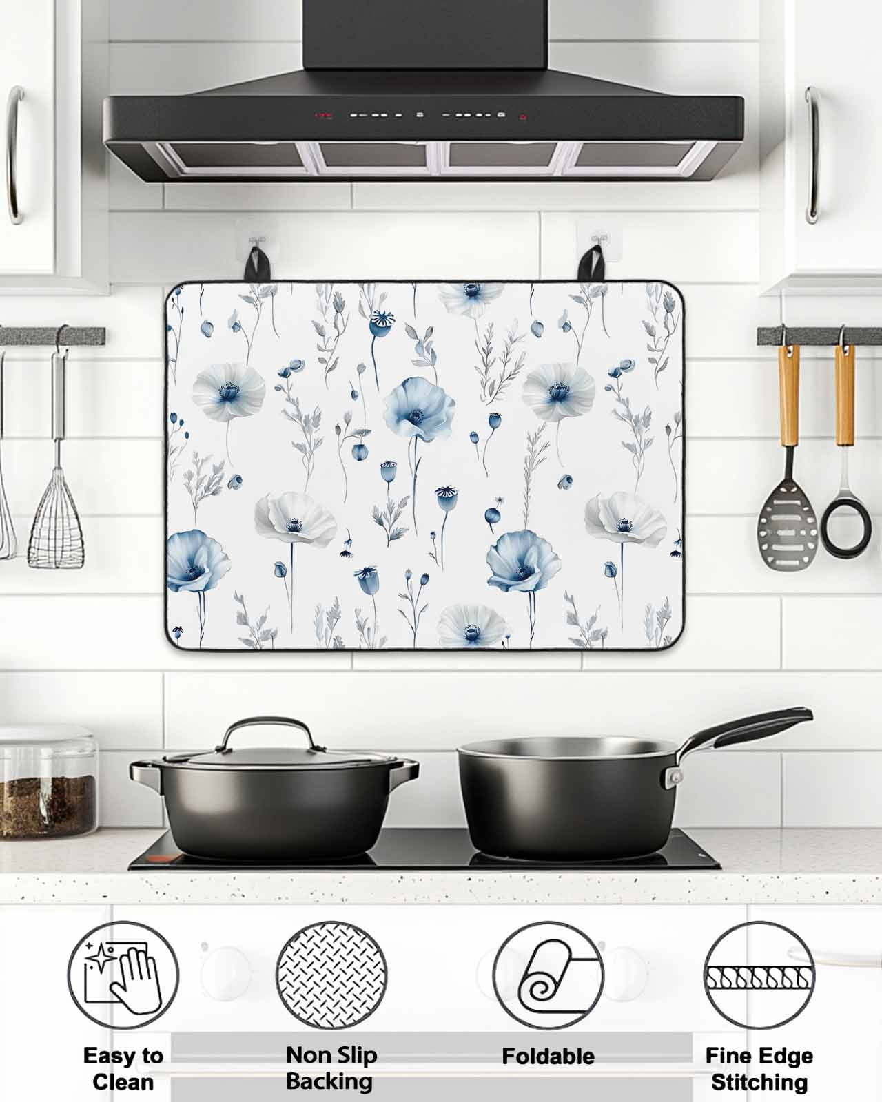 Stove Top Covers for Electric Stove, Blue Floral Spring Glass Stovetop Cover Protector, Farmhouse Poppy Botanical Induction Cooktop Protector Oven Mat for Kitchen Countertop 24"x21"