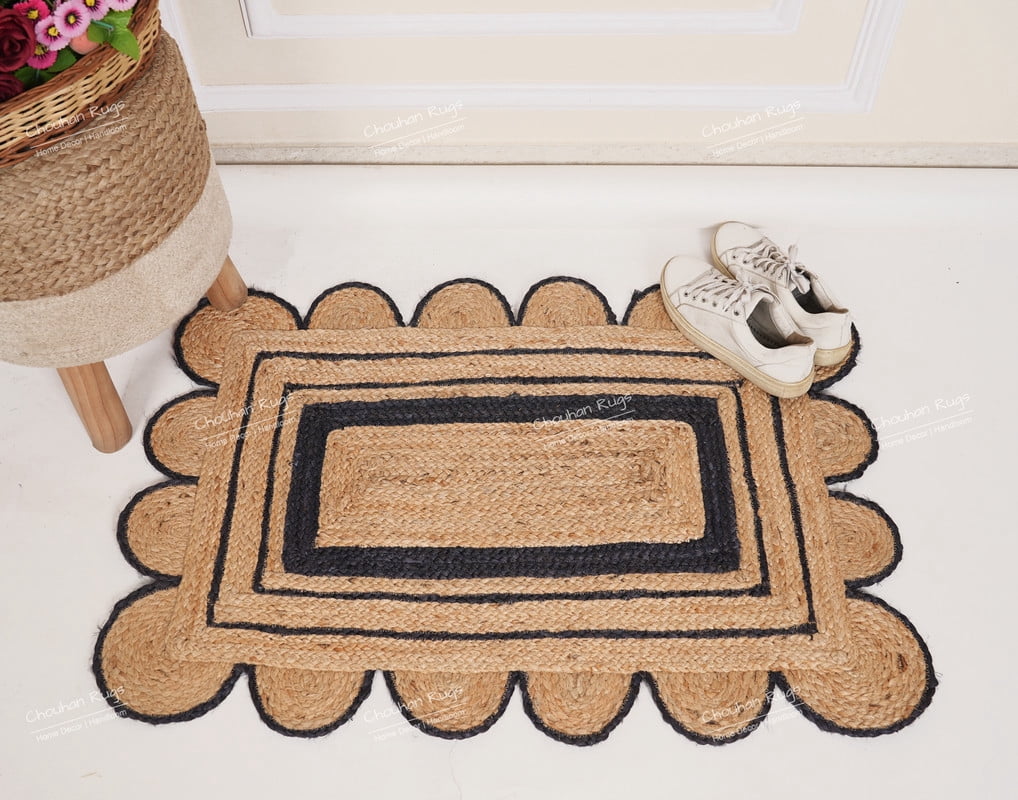 Rectangle Scalloped Jute Rug Beige And Navy Blue Color Area Rug Bohemian Jute Rug