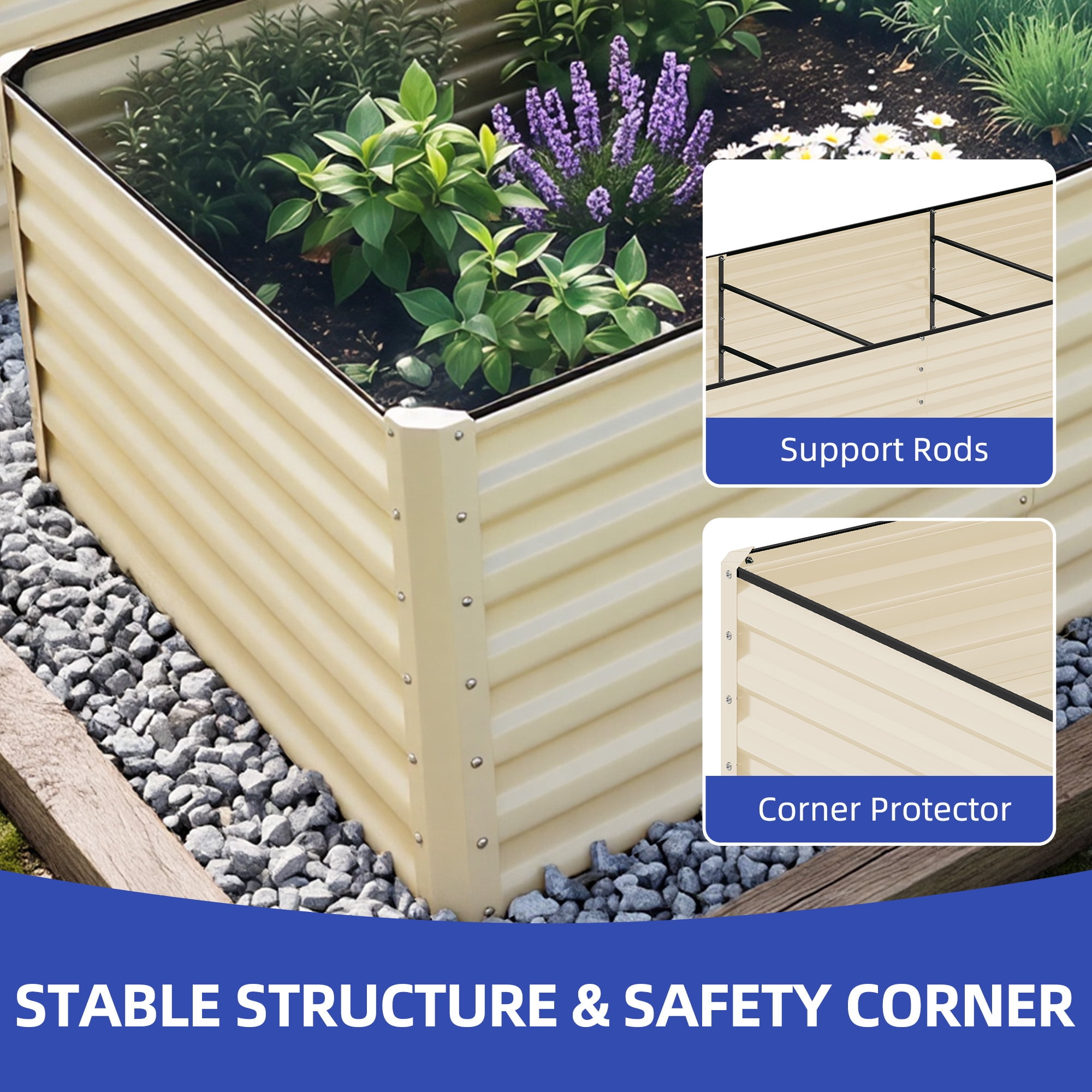 Uforic 2PCS 6X3X2FT Galvanized Metal Raised Garden Bed Kit with Gardening Gloves & Support Rod, Outdoor Above Ground Planter for Plants Vegetables Flowers, Cream White