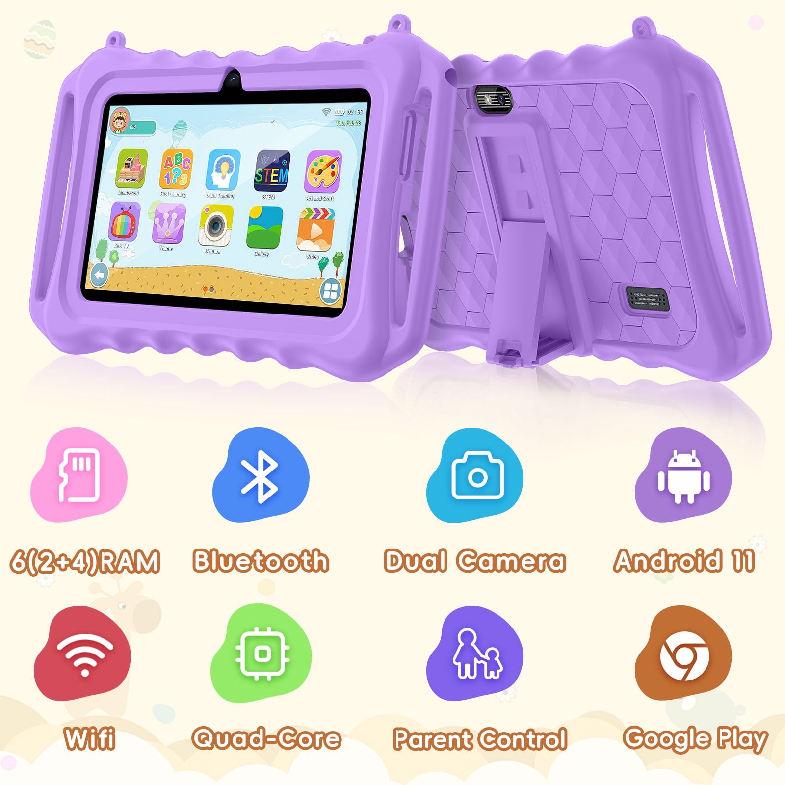 Kids Tablet, 7 inch Android 11 Tablet for Kids, 6(2+4) GB RAM 32GB ROM, Toddler Tablet with Bluetooth, GPS,WiFi,Parental Control, Dual Camera,Shockproof Case,Kids App Pre-Installed