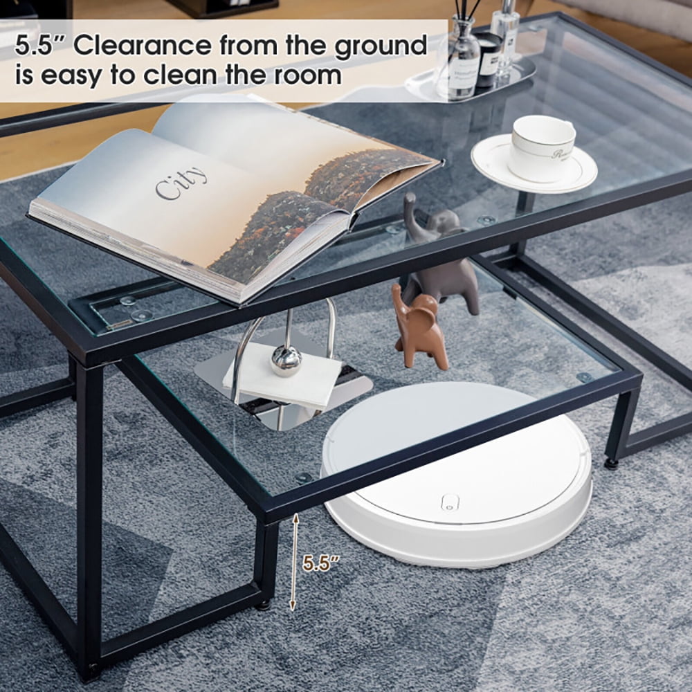 Finihen Glass Coffee Table, Rectangular Coffee Table, Modern 2-Tier Rectangular Coffee Table with Glass Table Top, for Living Room, Reception Room, Black Finihen Glass Coffee Table, Rectangular Coffee Table, Modern 2-Tier Rectangular Coffee Table with Glass Table Top, for Living Room, Reception Room, Black