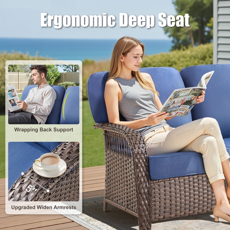6 Piece Outdoor Wicker Furniture Sets,Patio All Weather Cushioned Conversation Sets with Swivel Rokcing Chairs, Ottomans and Sie Table for Backyard Porch Garden,Blue