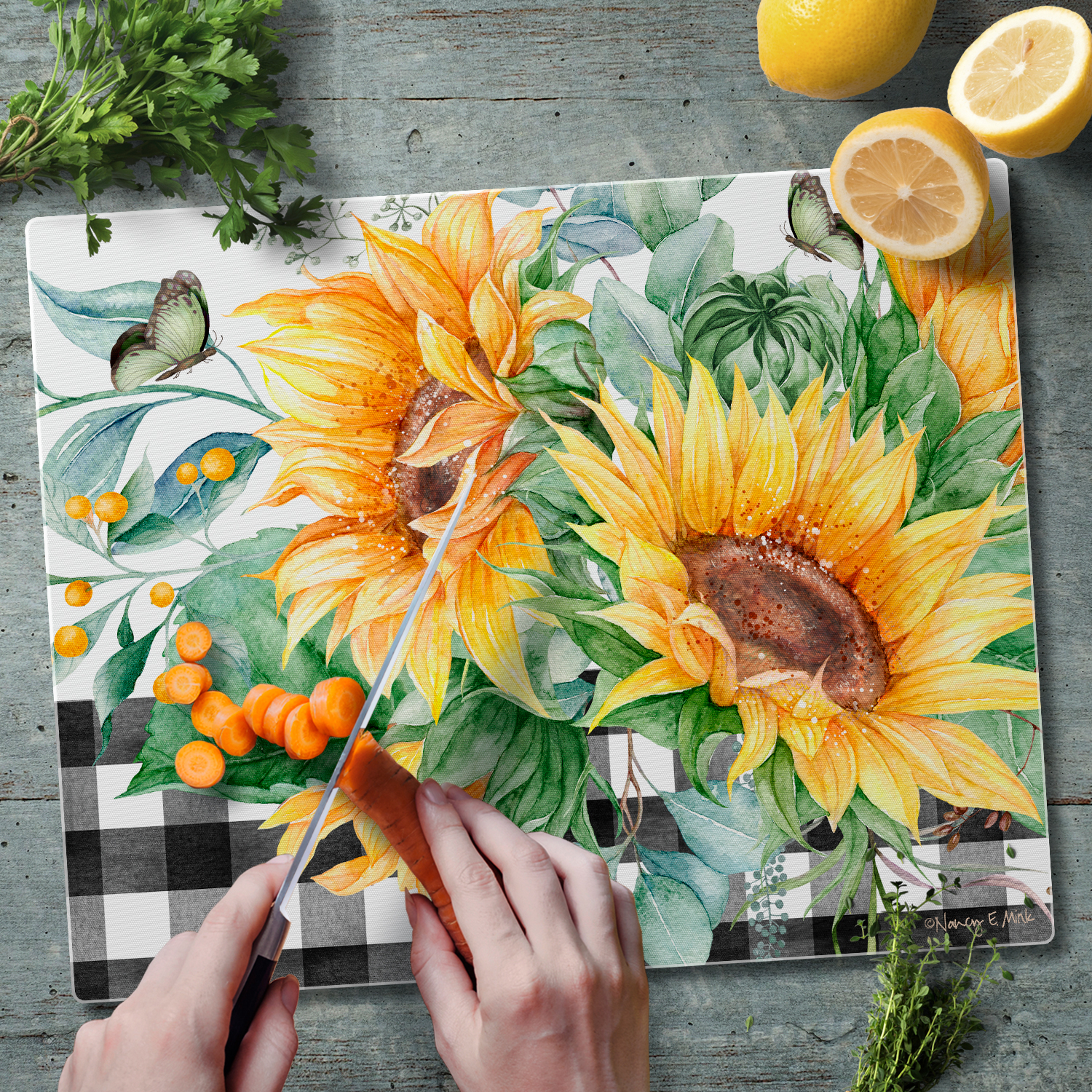CounterArt Sunflower Fields 3mm Tempered Glass Cutting Board 15" by 12"