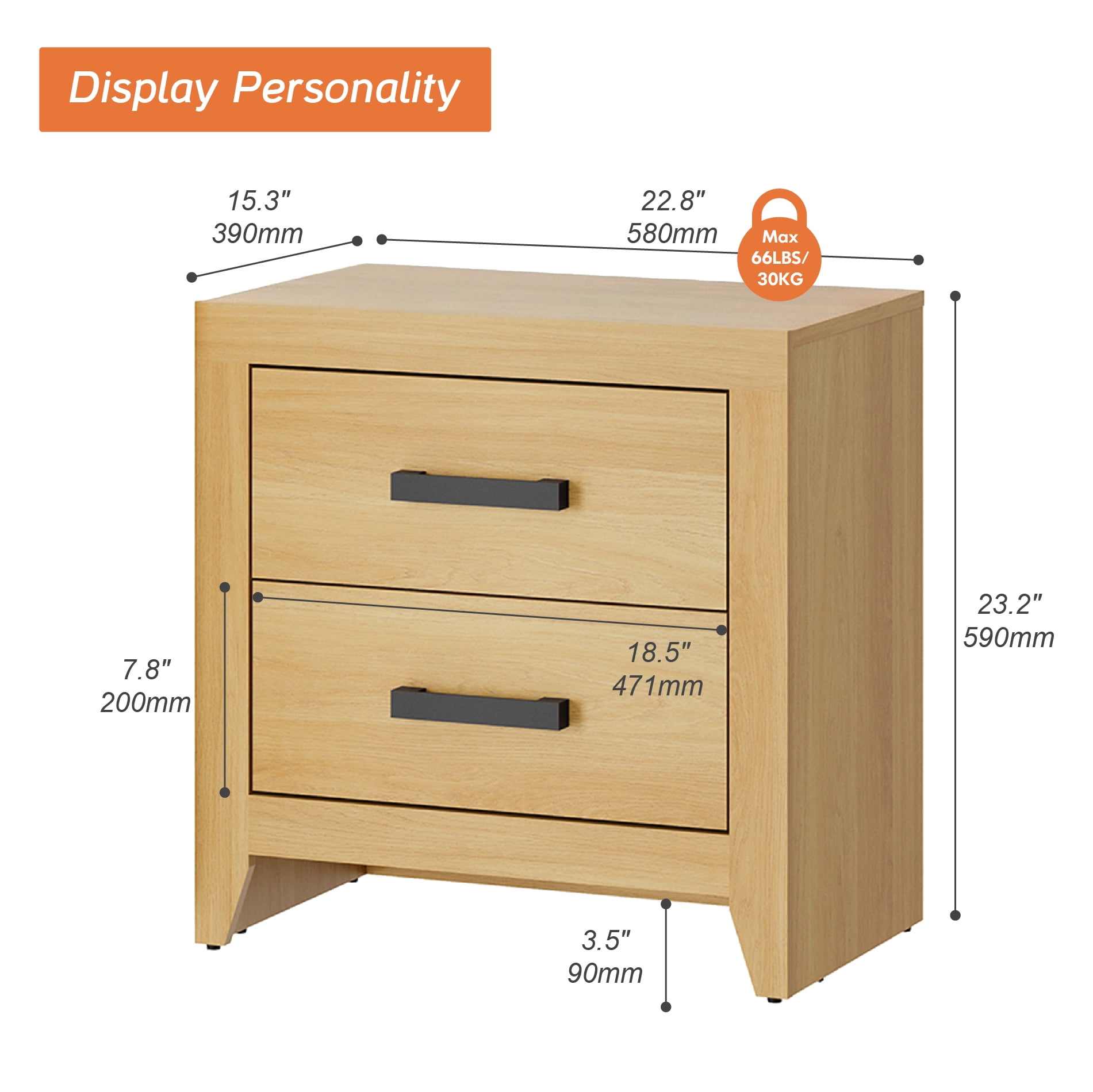 Farmhouse Rustic Wooden Nightstand With 2 Smooth‑Glide Storage Drawers,Solid‑Base Bedside End Table,Multi‑Purpose Accent Side Cabinet For Bedroom,Living‑Room,Oak