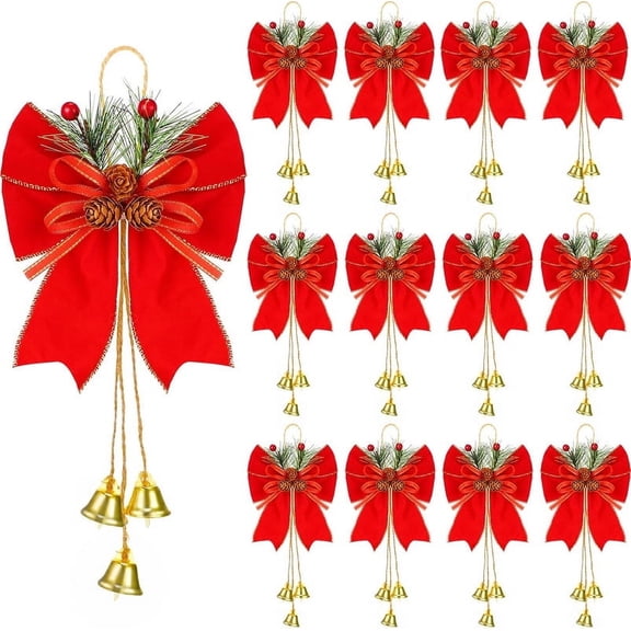 Vorkoi 12 Pcs Christmas Bows with Pine Cones, Wreath Ornaments, Bell Tree Toppers for Xmas Party Decoration, Kitchen Cabinet