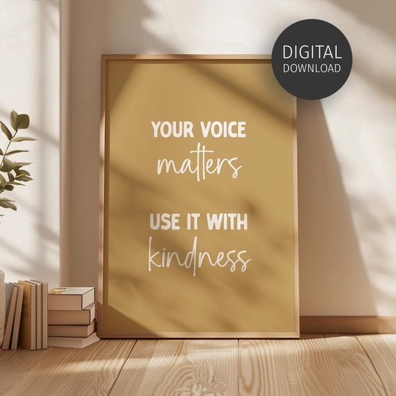 Your Voice Matters Poster, Yellow Motivational Classroom Poster, Wall Art High School Decor, Thoughtful 'Be Kind' Teacher UNFRAMED Poster, Wall Art for Decor, Present, 8x12